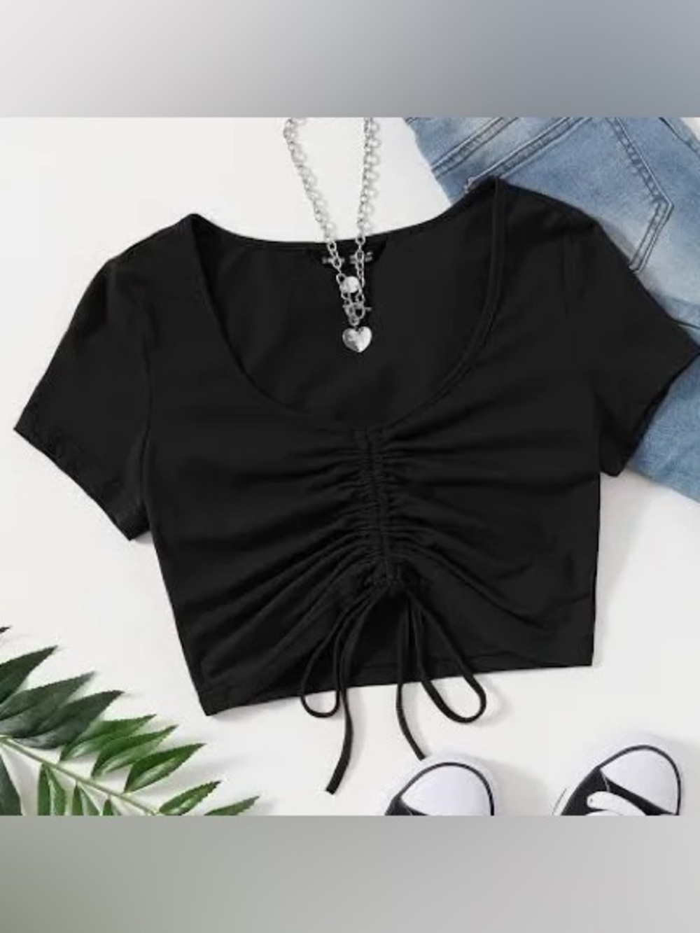 SHEIN Black Ribbed Cinched Front Crop Top